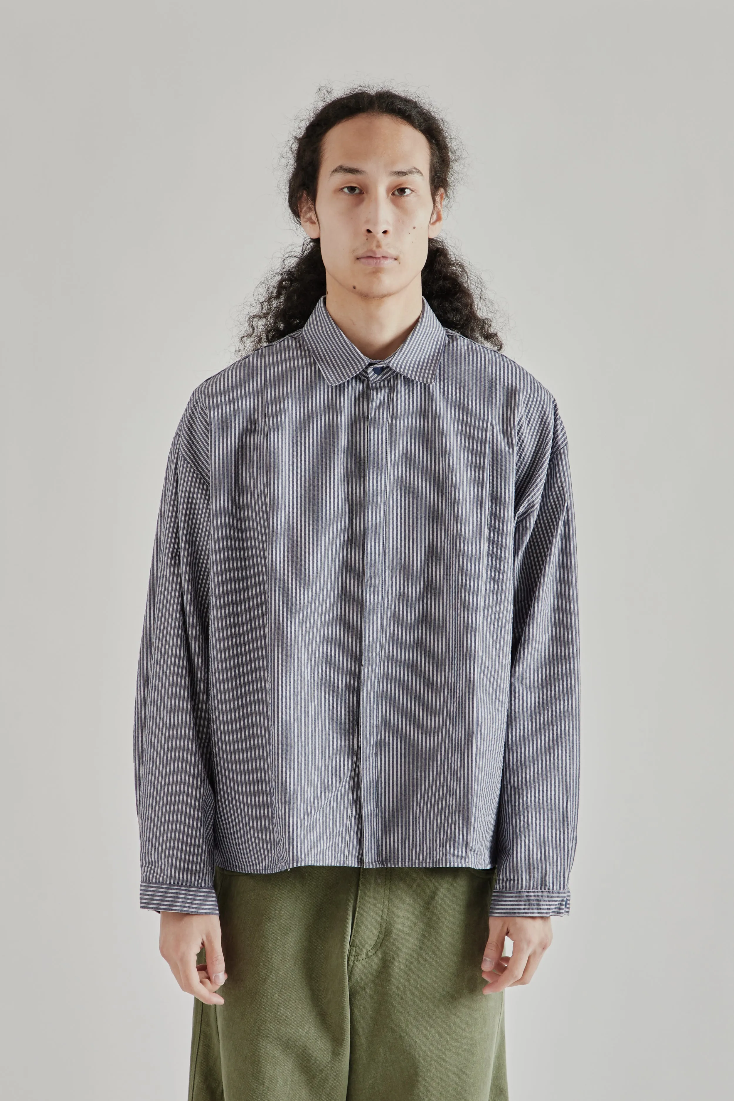 Boxy Pleated Shirt - Navy Stripe sold by Wallace Mercantile