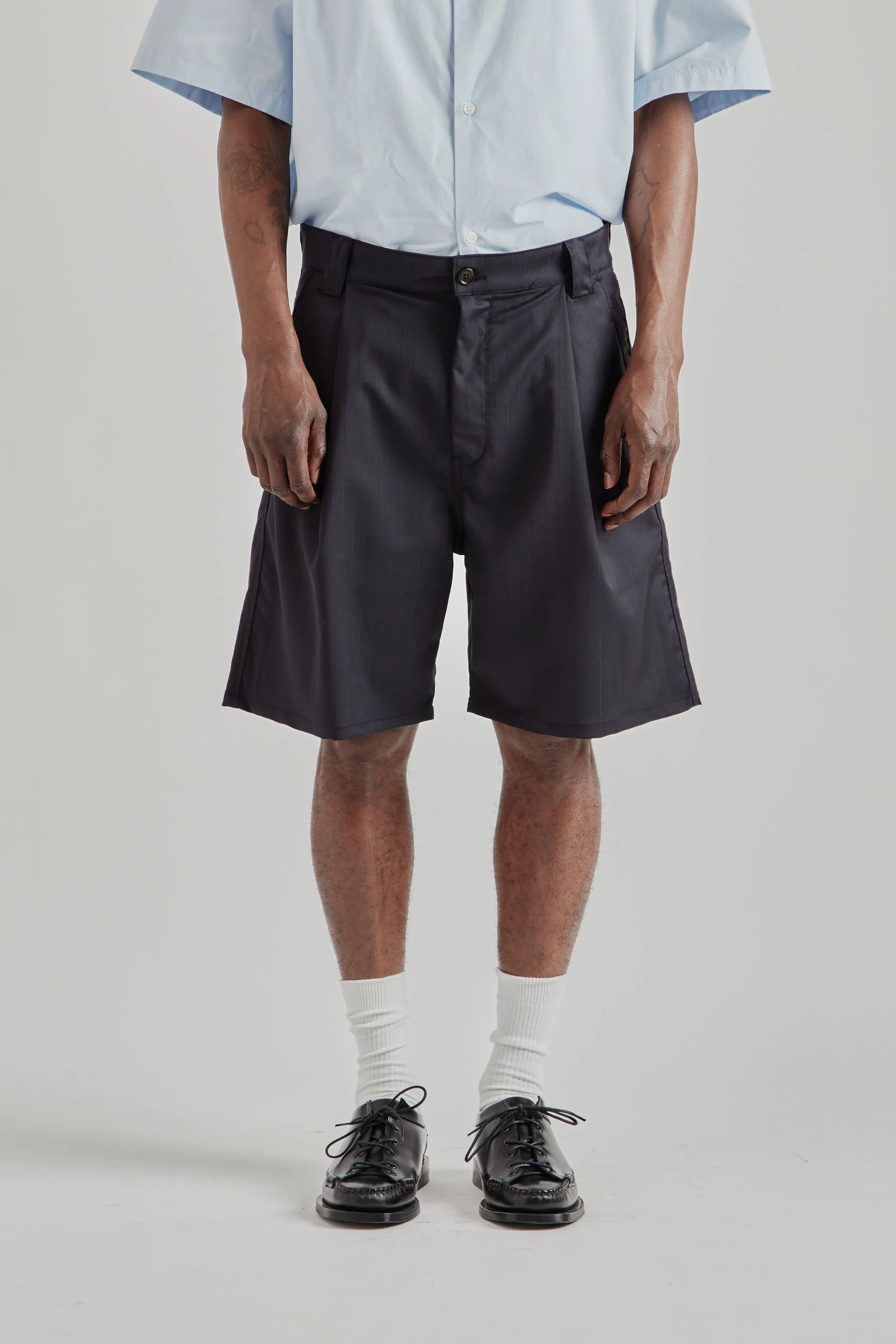 Pleated Shorts - Pinstripe Navy sold by Wallace Mercantile