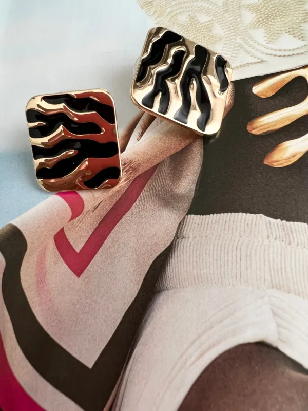 Striped Statement Square Earrings - Black sold by Velvet House