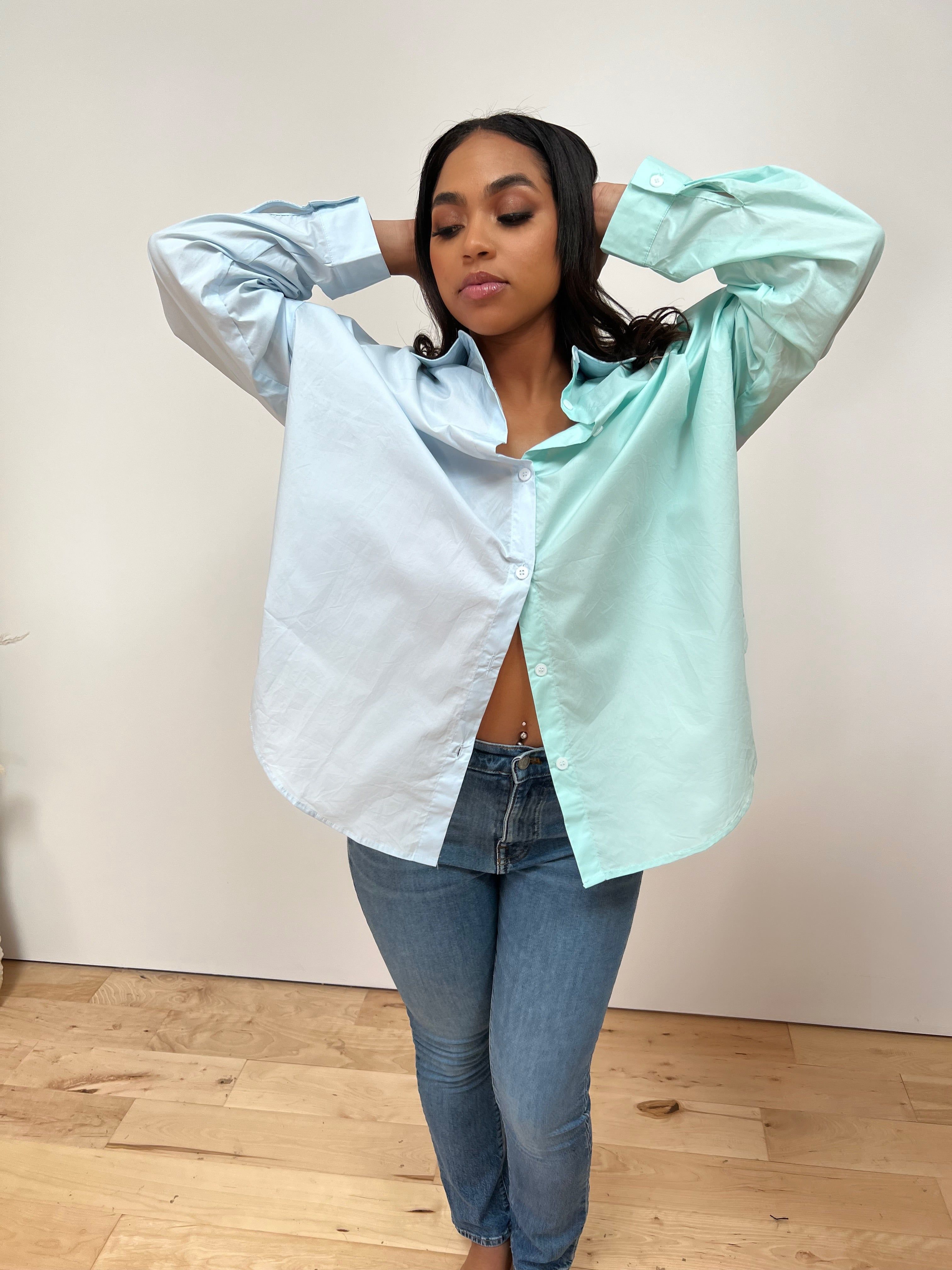 Minty Colorblock Button Down Oversized shirt sold by Velvet House product image thumbnail 2