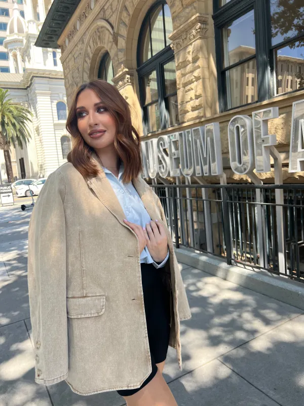 Tan Washed Denim Blazer sold by Velvet House