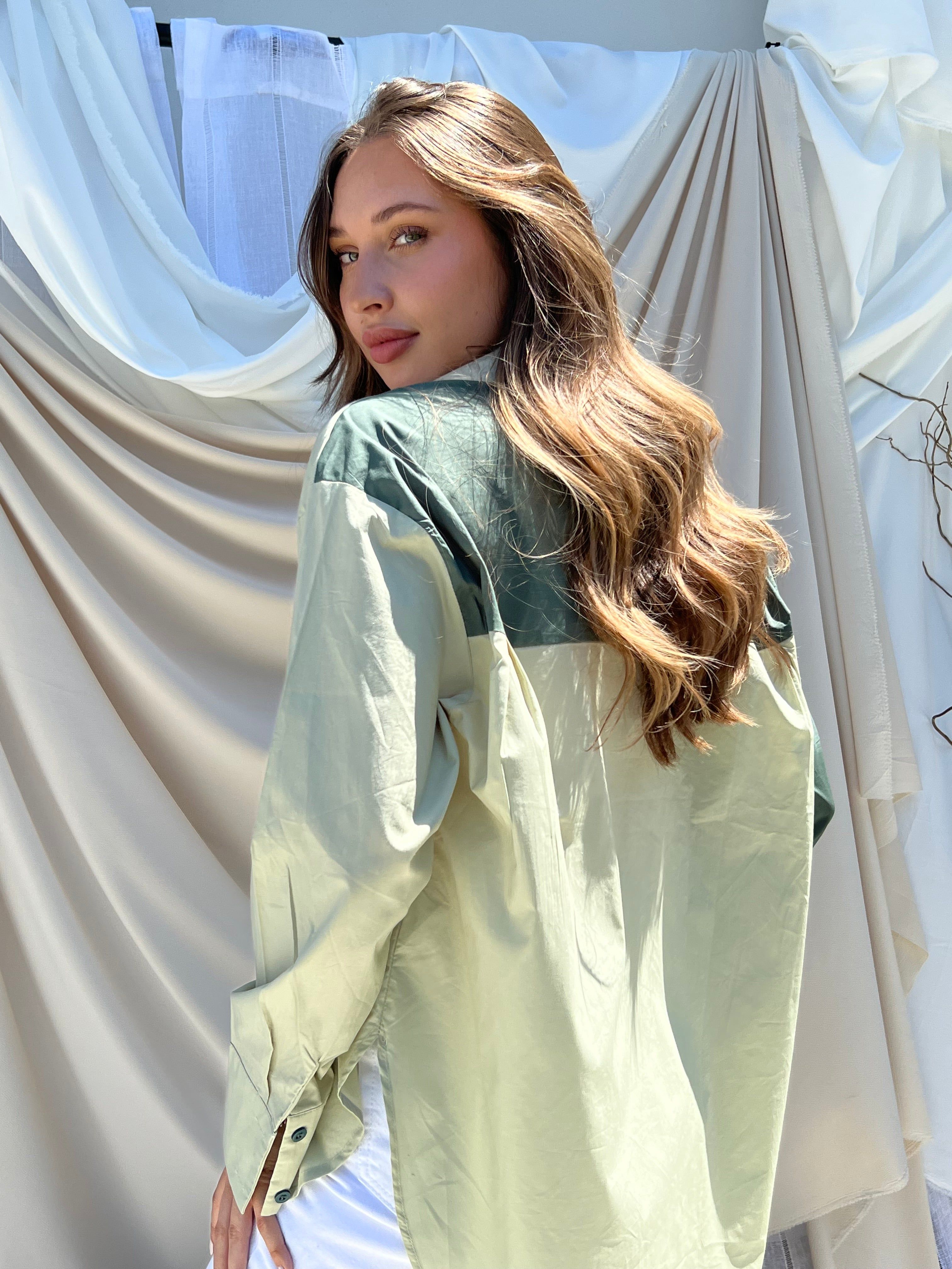 Olive Color Blocked Oversized Button Up sold by Velvet House product image thumbnail 4