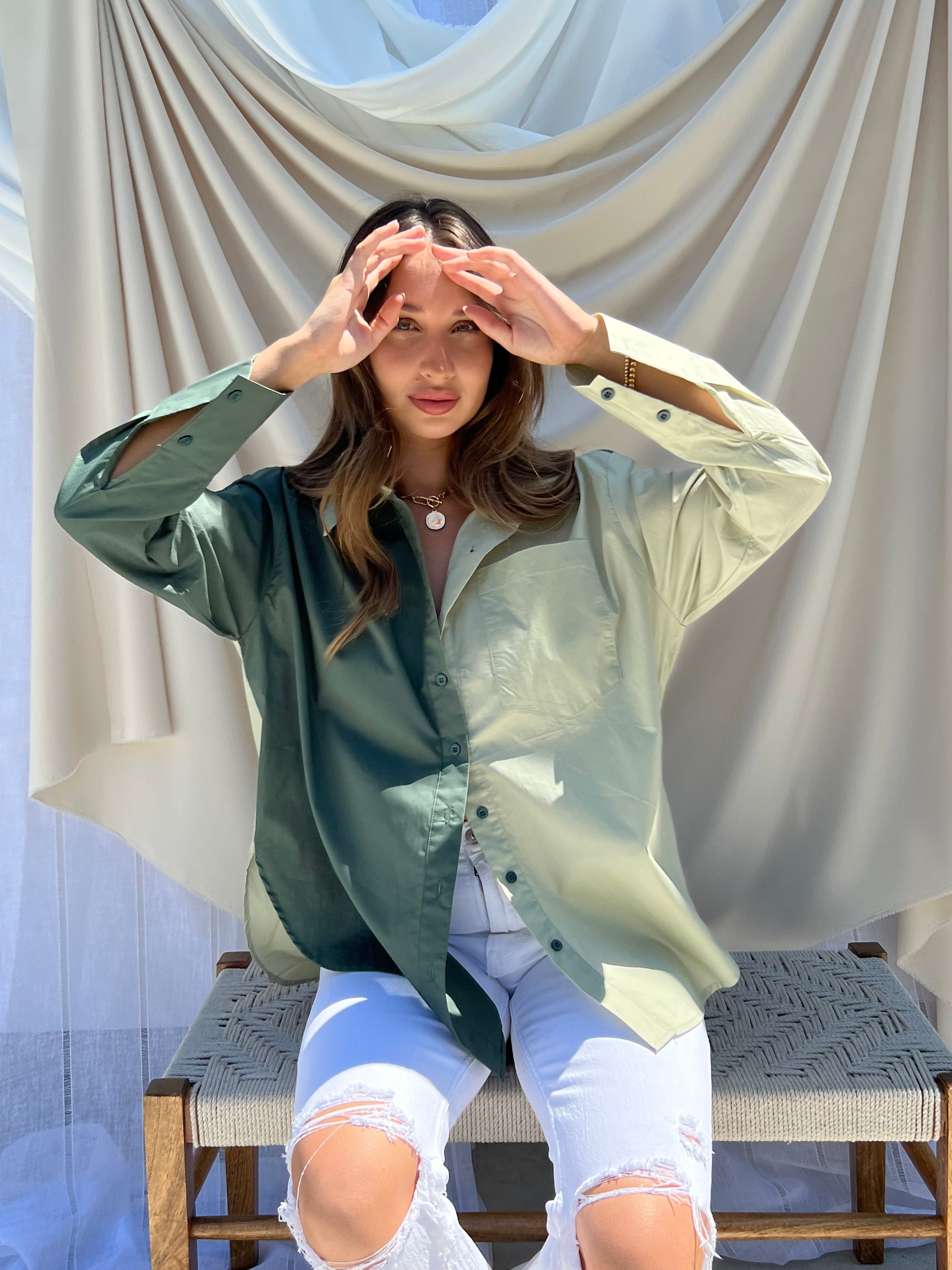 Olive Color Blocked Oversized Button Up sold by Velvet House product image thumbnail 3