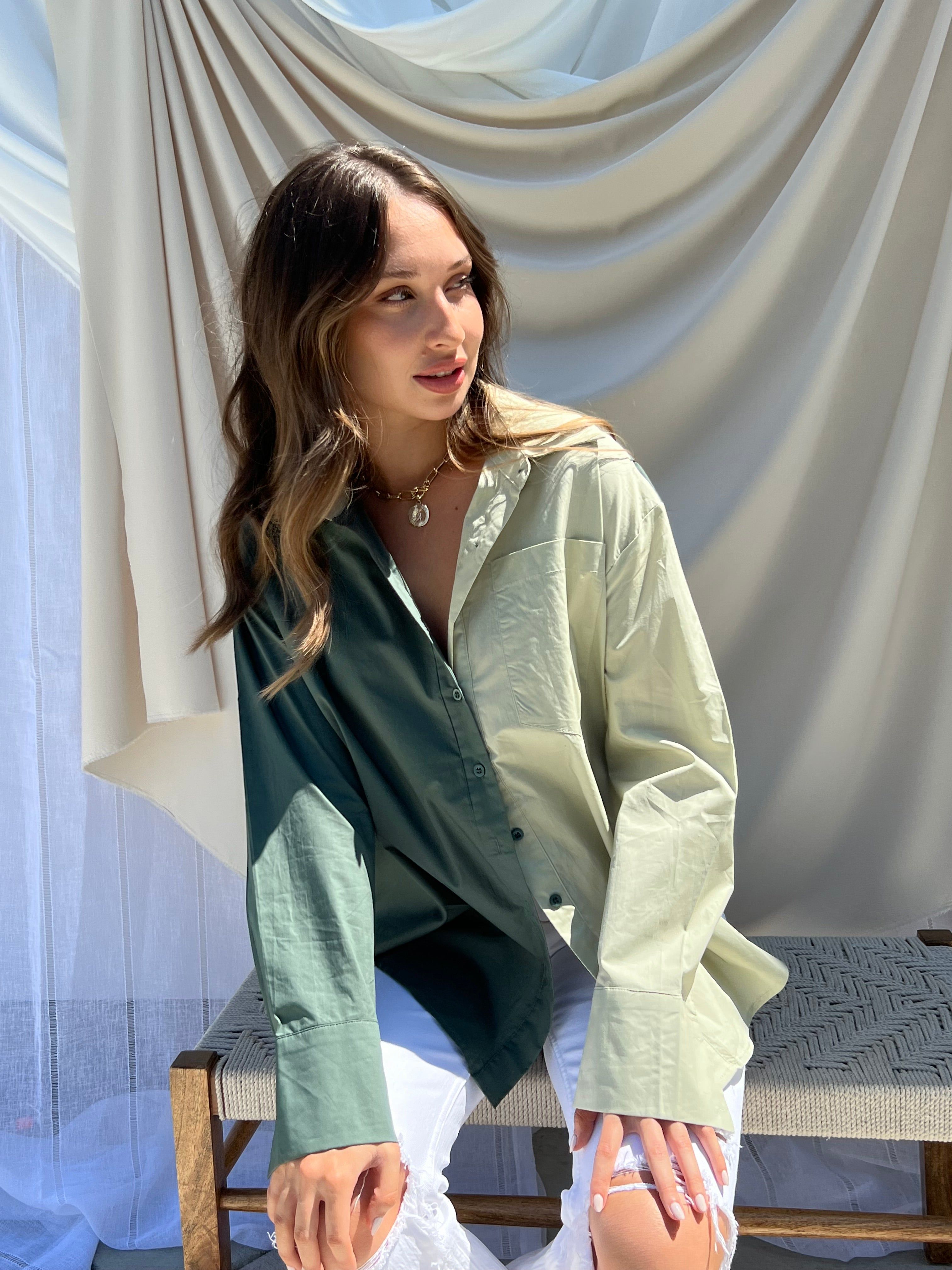 Olive Color Blocked Oversized Button Up sold by Velvet House product image thumbnail 2