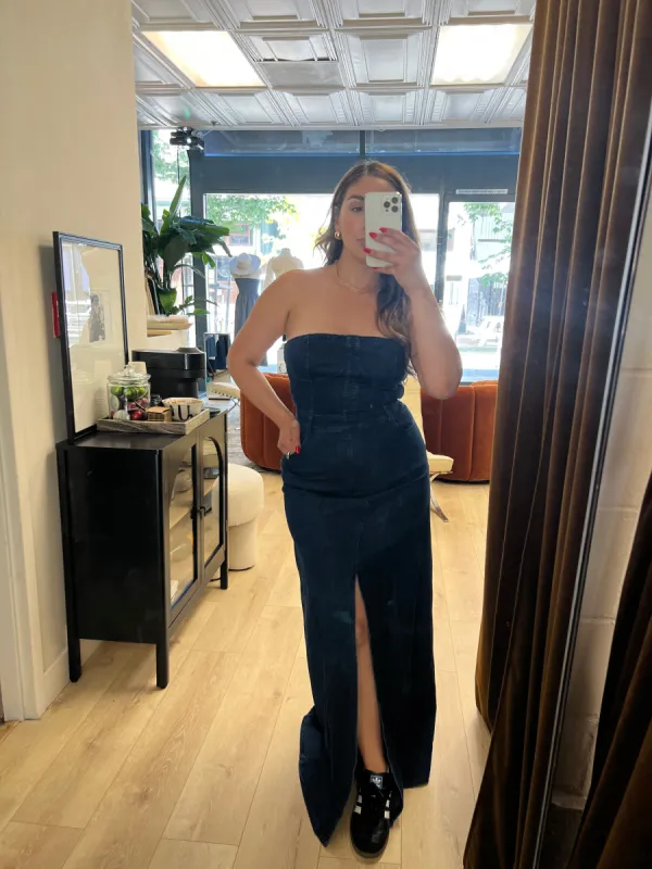 STRAPLESS DENIM MAXI DRESS sold by Velvet House