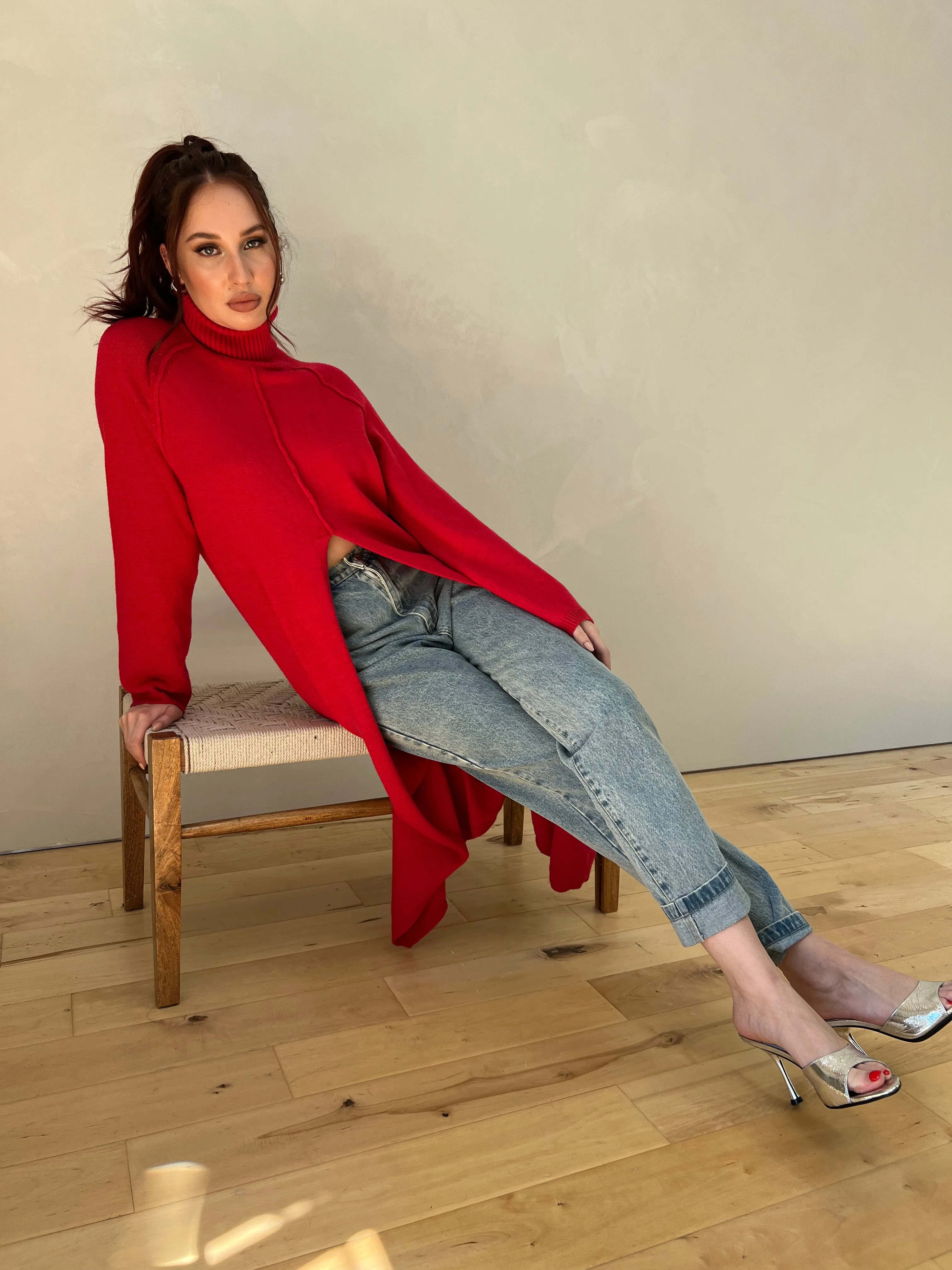 Turtleneck Tunic Sweater Dress with Slit sold by Velvet House