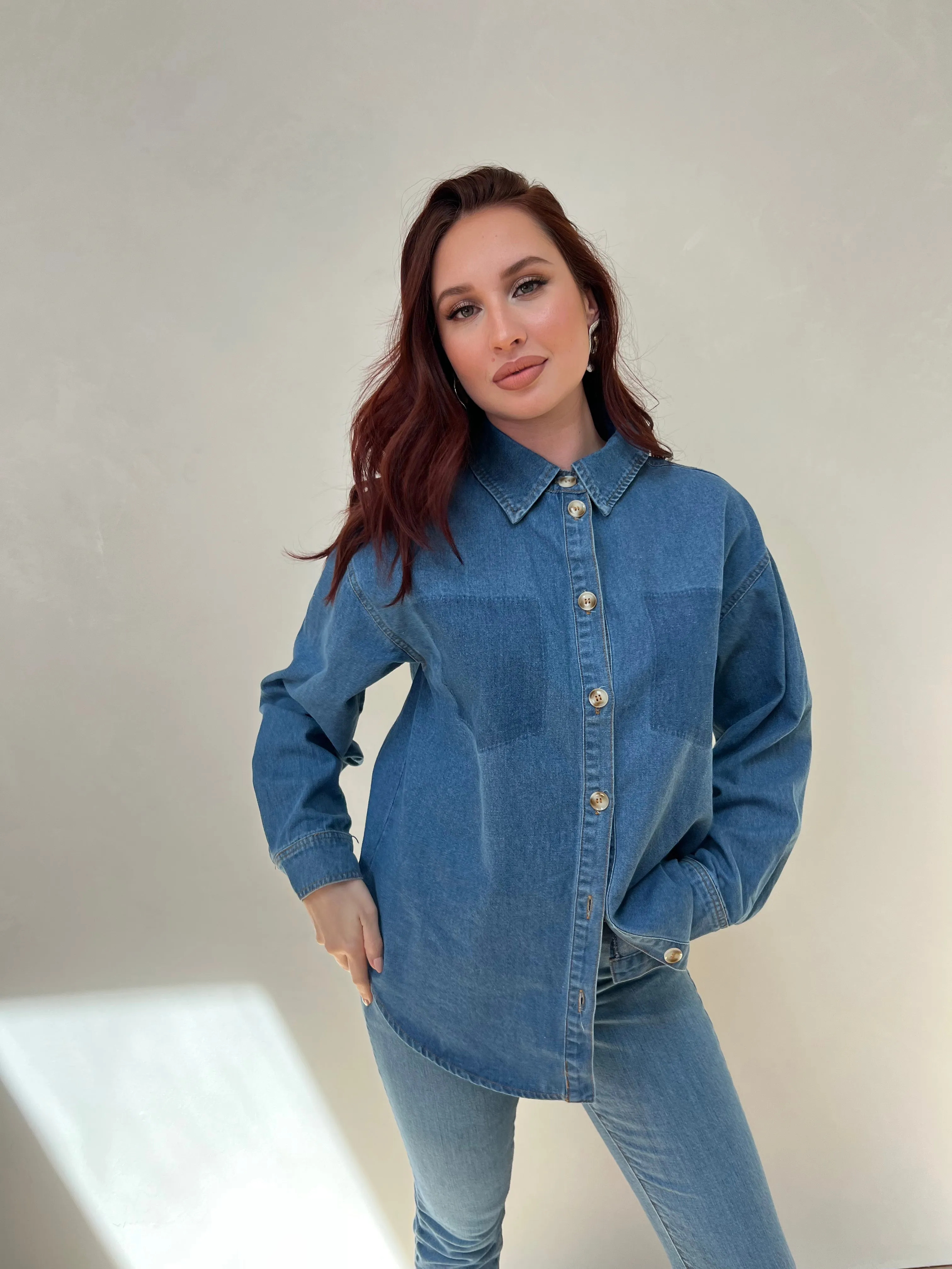Buttoned Denim Shirt with Contract Shadow Pocket sold by Velvet House