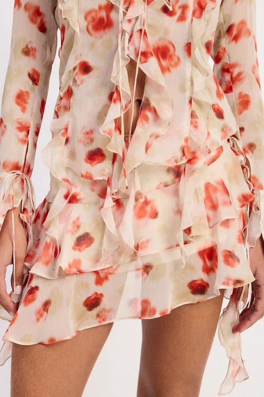 Monet Layered Ruffle Mini Skirt In Sheer Floral Print sold by Velvet House