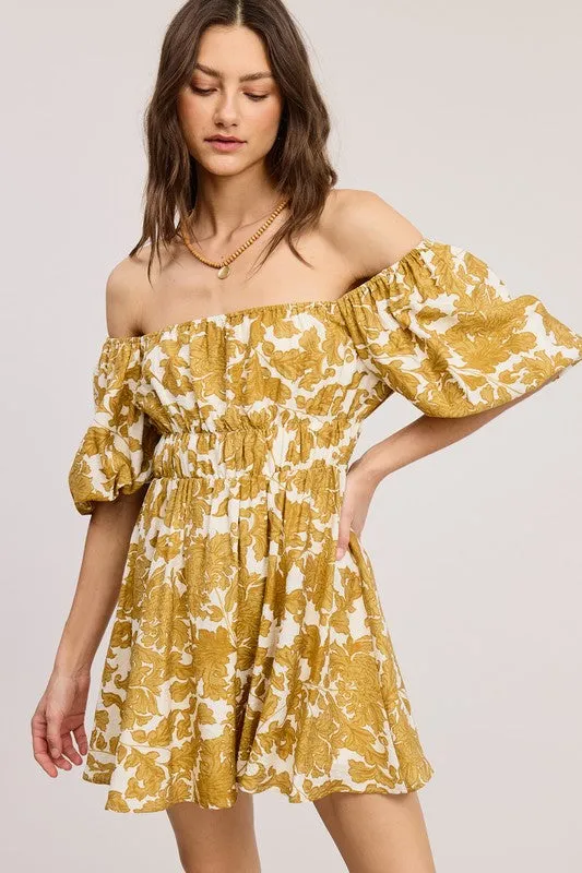 Floral Print Linen Mini Dress With Puff Sleeves sold by Velvet House