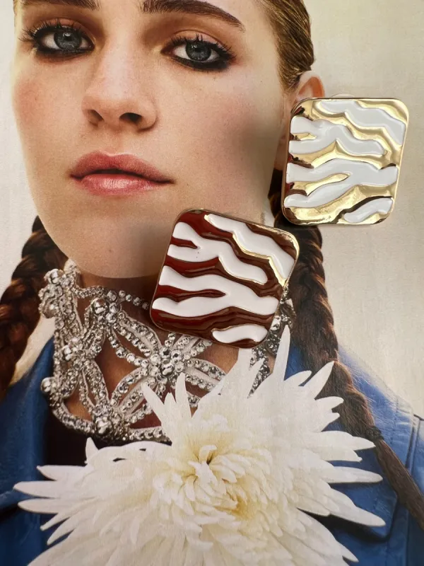 Striped Statement Square Earrings - White sold by Velvet House