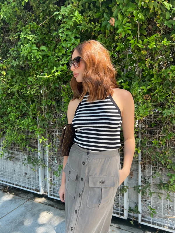 KNITTED STRIPED HIGH NECK TOP sold by Velvet House