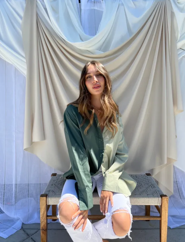 Olive Color Blocked Oversized Button Up sold by Velvet House
