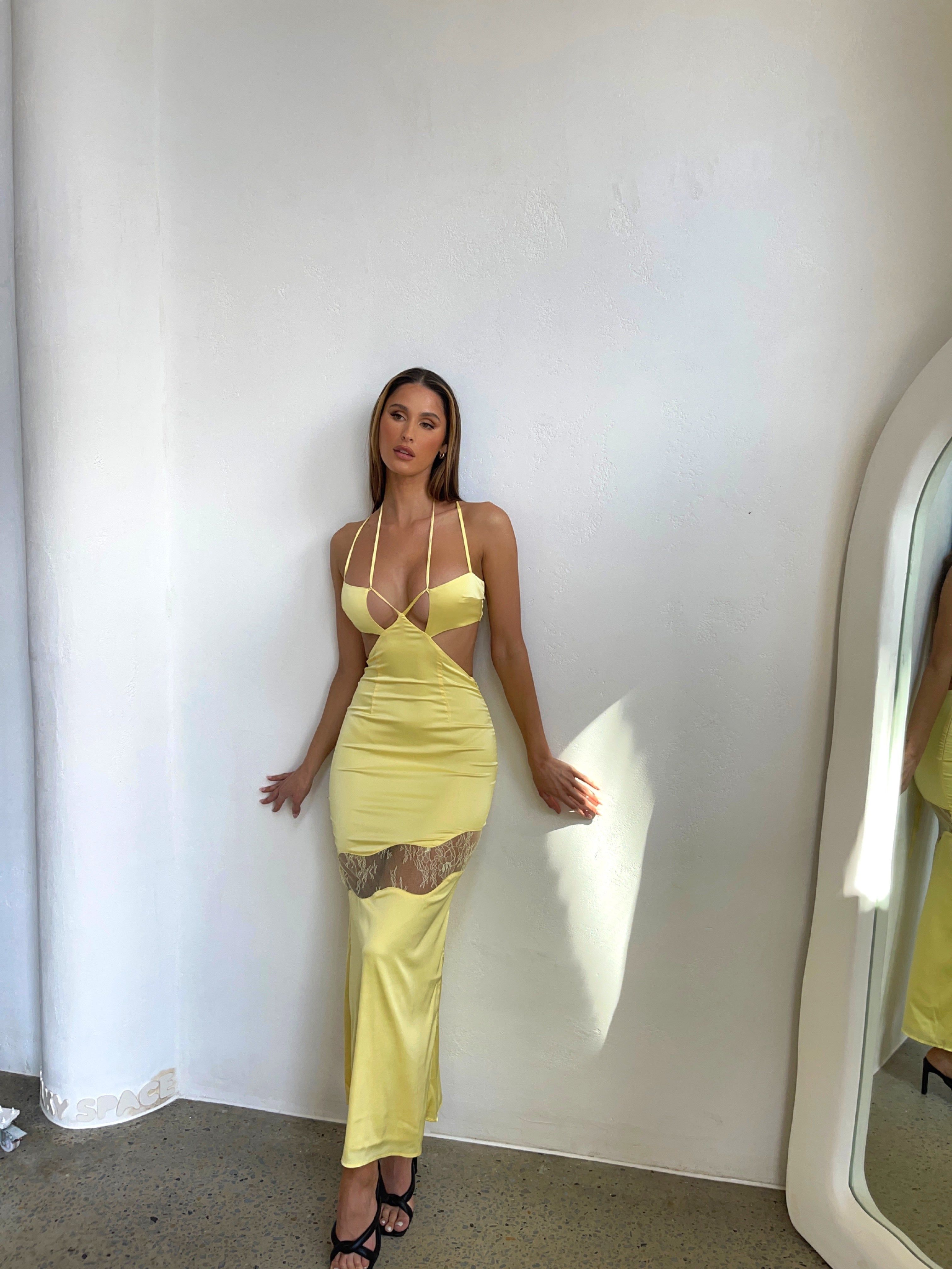 CAROLINE SATIN MAXI DRESS YELLOW - OUTCAST EXCLUSIVES sold by Outcast Clothing