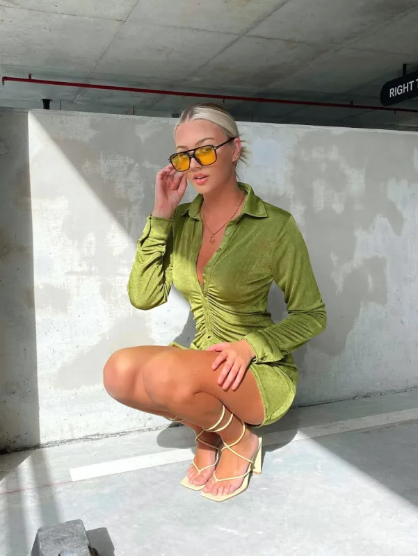 TRAVEL FILM MINI DRESS LONG SLEEVE LIME made by Outcast Clothing
