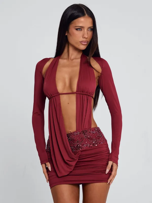 VENARI MINI DRESS BURGUNDY sold by Outcast Clothing