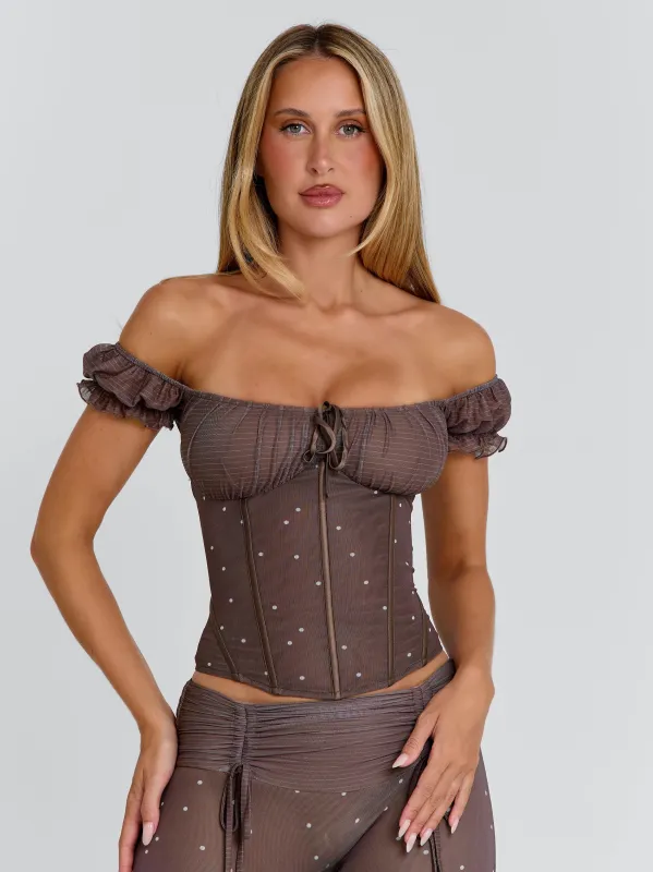 CORALA CORSET TOP CHOCOLATE POLKA DOT made by Outcast Clothing
