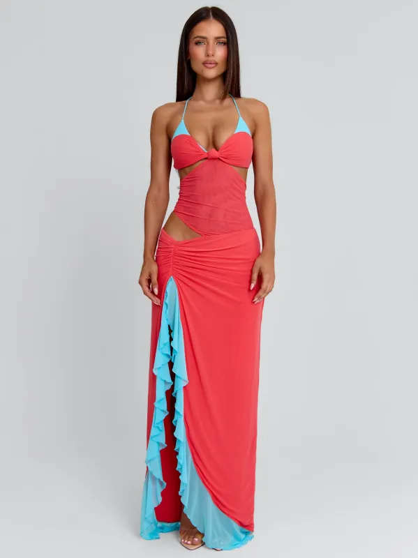 MIRANDA MAXI DRESS CORAL AND BLUE sold by Outcast Clothing