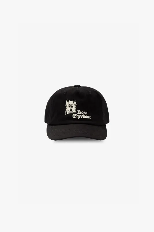 Black Hotel Logo 5 Panel Cap made by Late Checkout