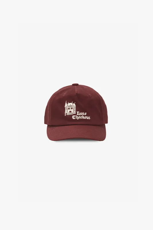 Burgundy Hotel Logo 5 Panel Cap made by Late Checkout