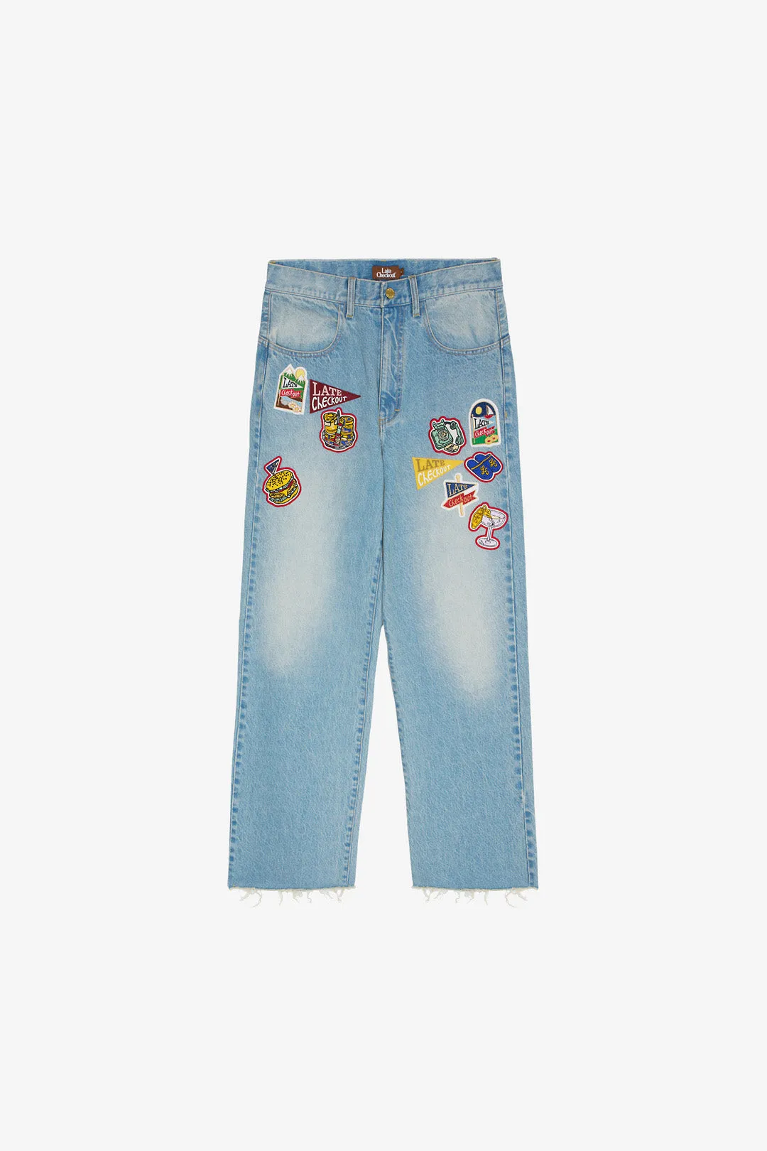 Light Blue Raw Edge Patched Jeans sold by Late Checkout