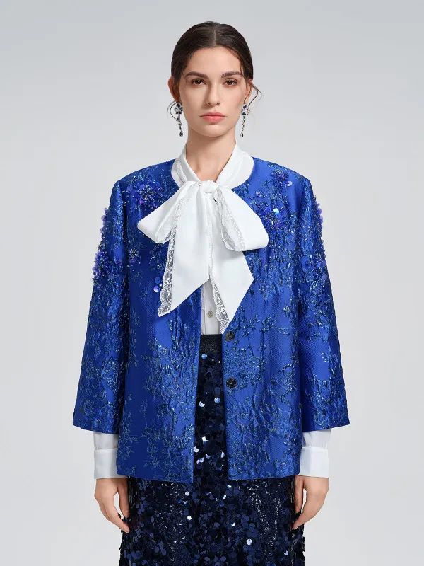 Royal Blue Hand-Beaded Jacquard Jacket sold by Rich Radi Q's