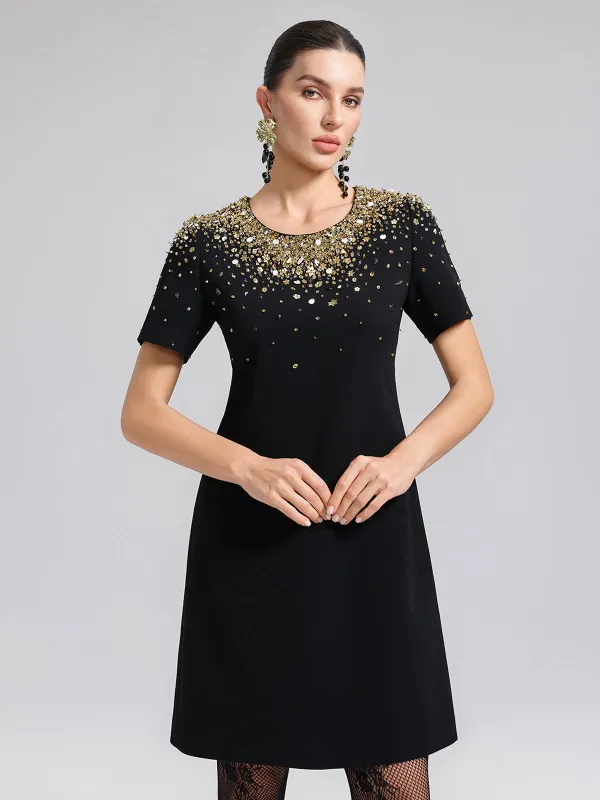 Gold Gradient Hand-Beaded Short-Sleeve Dress sold by Rich Radi Q's