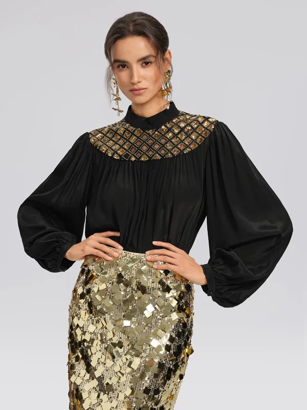 Chiffon Sequin Stand Collar Blouse sold by Rich Radi Q's