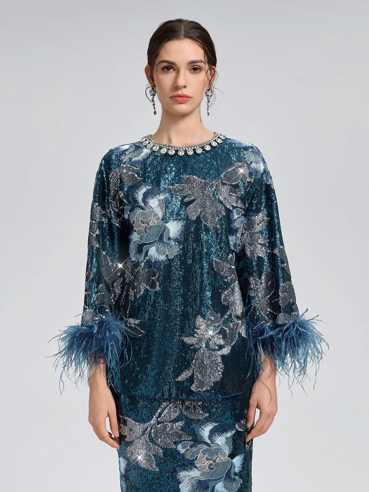 Sequin Embroidered Feather-Trim Top sold by Rich Radi Q's