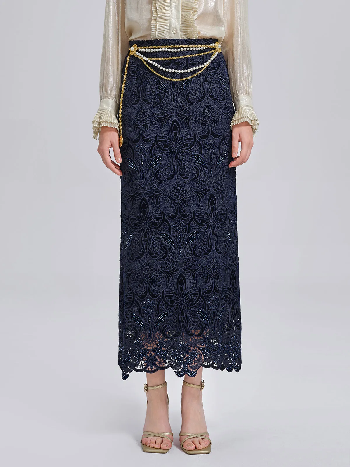 Velvet Lace Cutout Embroidered Fishtail Skirt sold by Rich Radi Q's