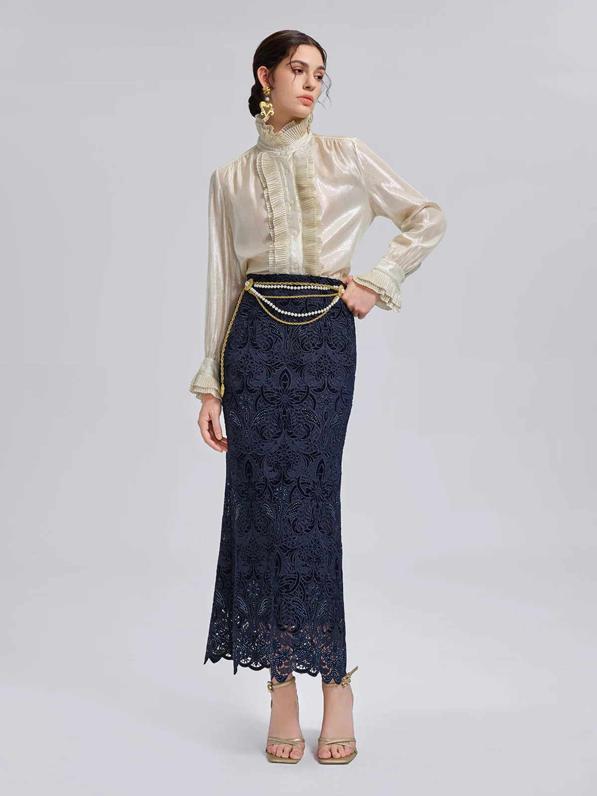 Velvet Lace Cutout Embroidered Fishtail Skirt sold by Rich Radi Q's product image thumbnail 5