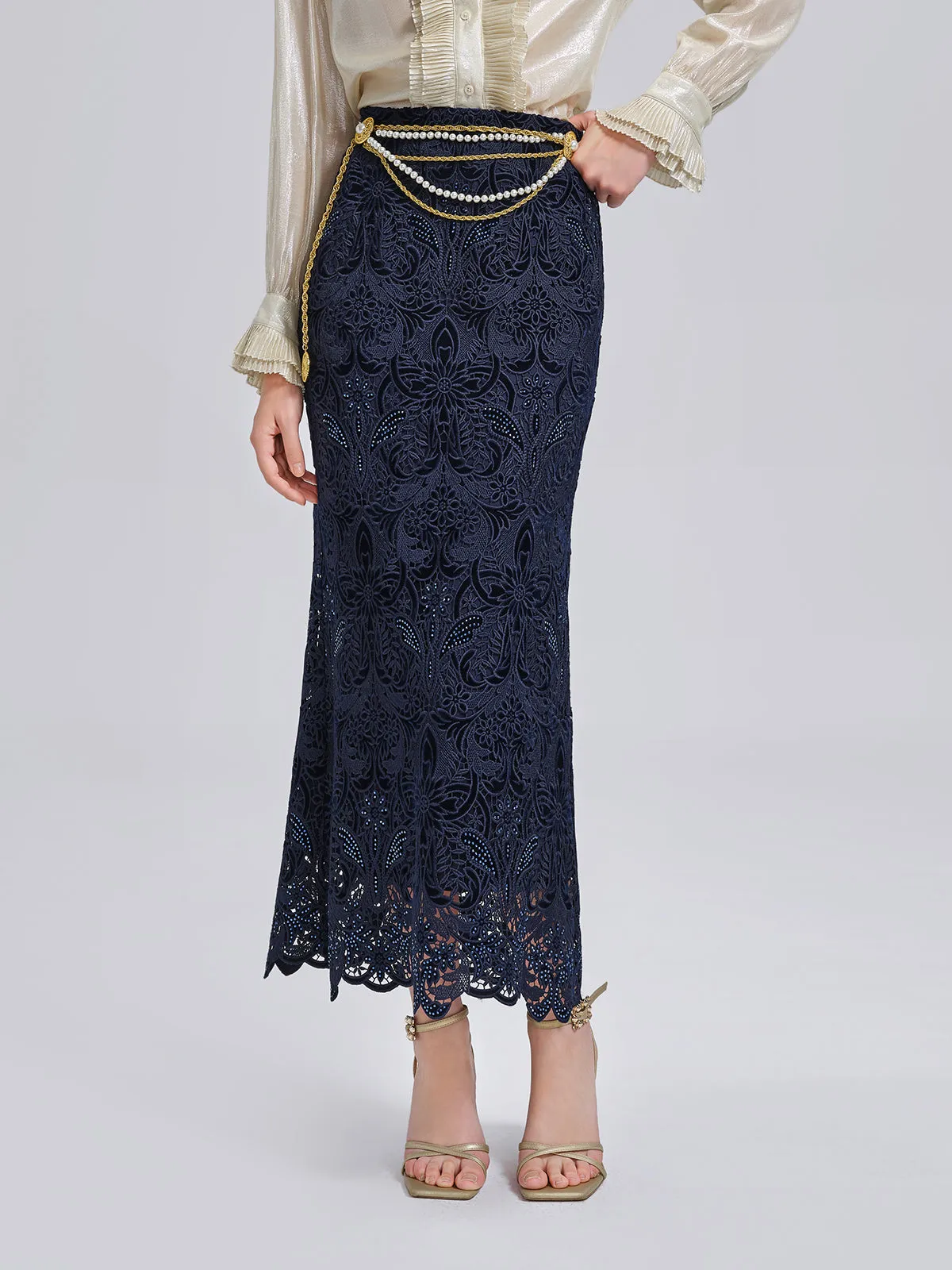 Velvet Lace Cutout Embroidered Fishtail Skirt sold by Rich Radi Q's product image thumbnail 3