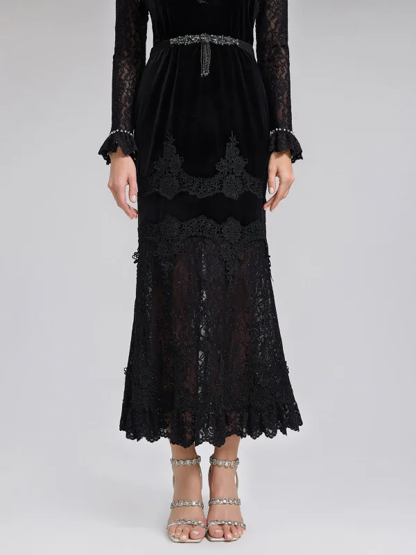 Sequin Lace Velvet Panel Fishtail Skirt sold by Rich Radi Q's