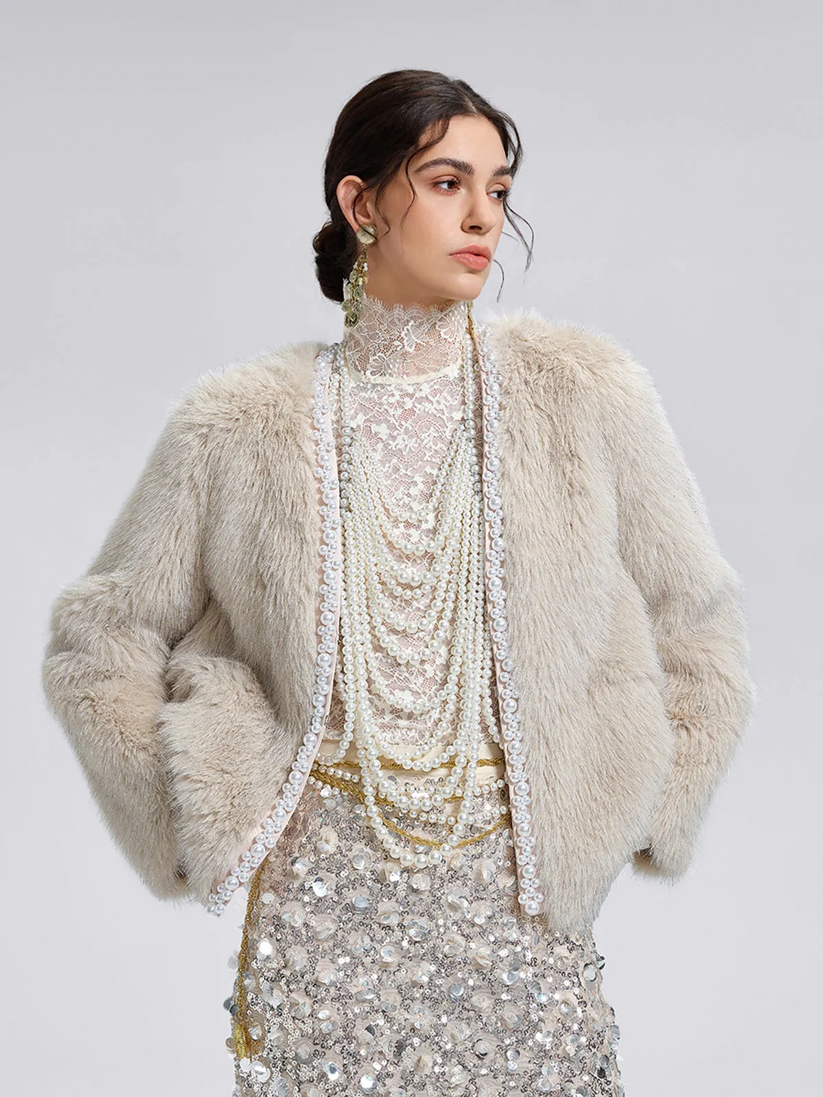 Silver-Tipped Eco Fur Pearl-Beaded Jacket sold by Rich Radi Q's product image thumbnail 5