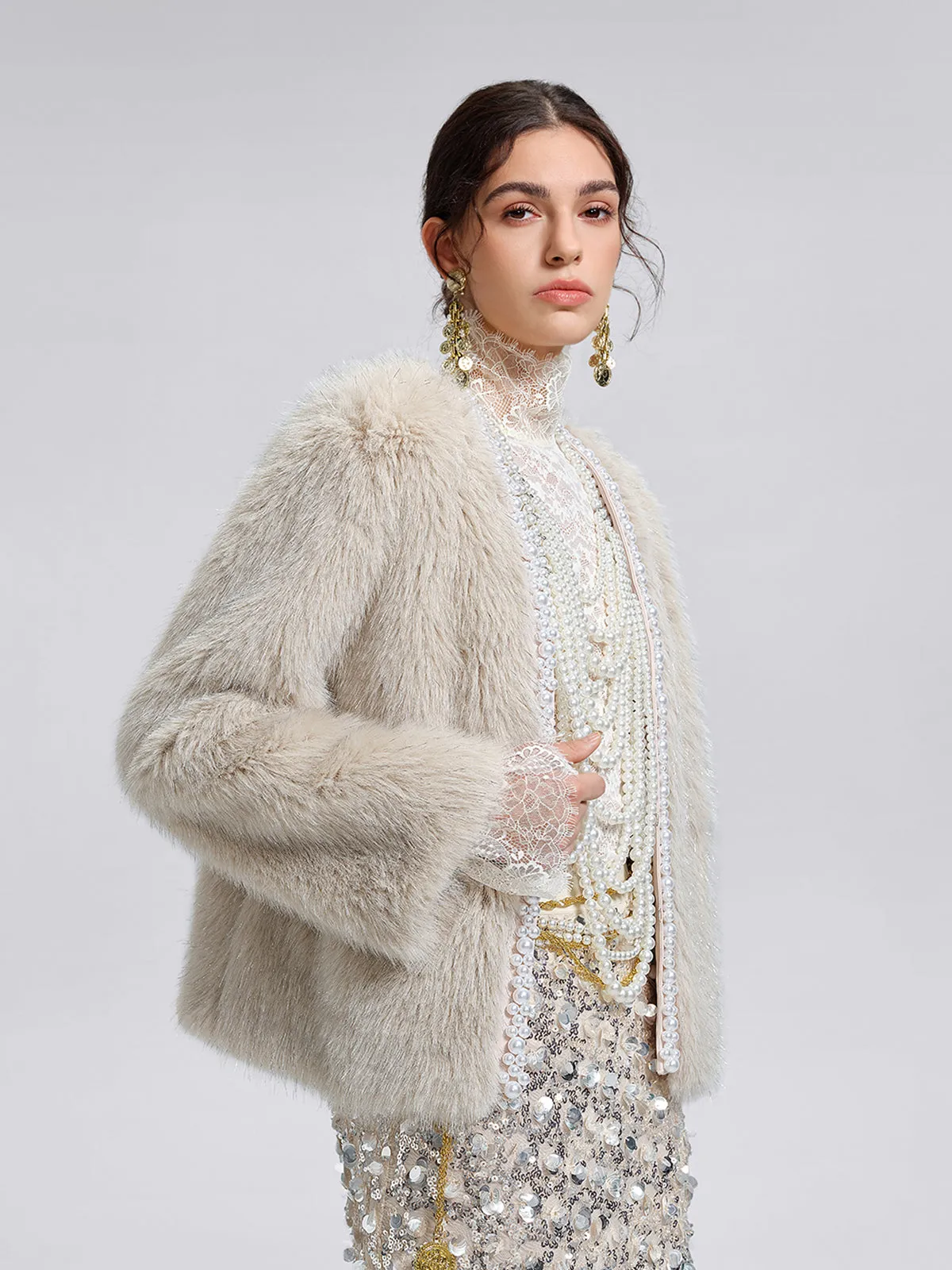Silver-Tipped Eco Fur Pearl-Beaded Jacket sold by Rich Radi Q's product image thumbnail 4