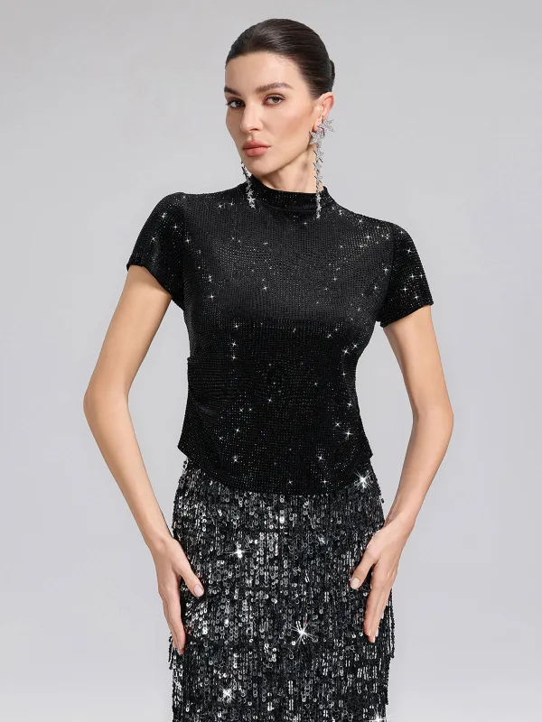 Rhinestoned Velvet Short-Sleeve Top sold by Rich Radi Q's