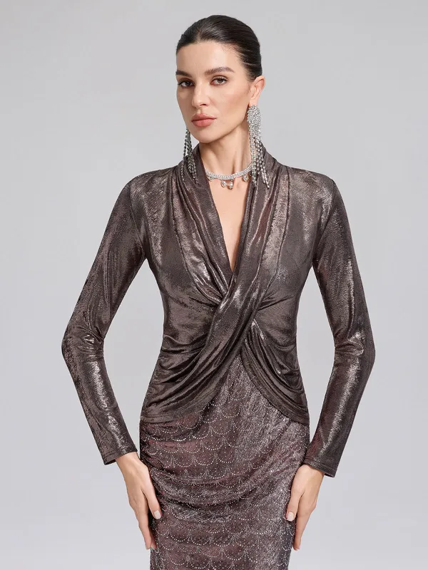 Gold-Foil Deep-V Draped Top sold by Rich Radi Q's