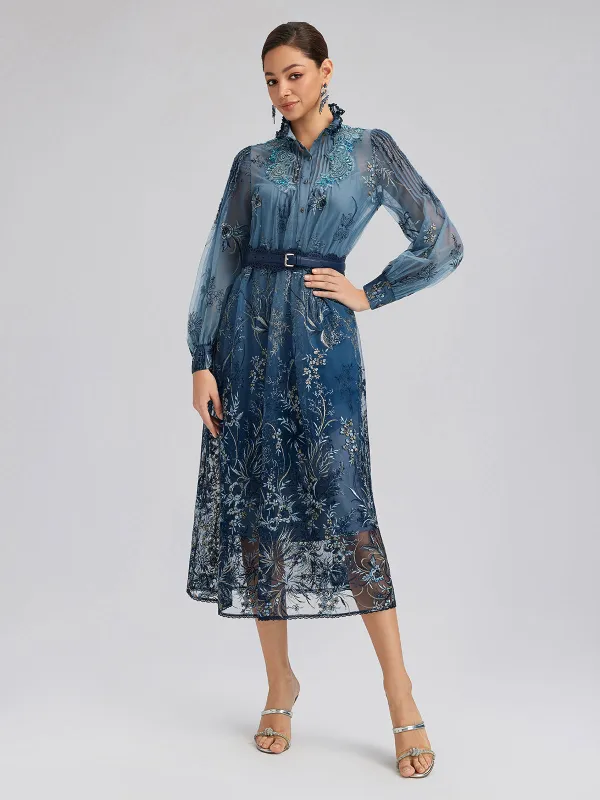 Vine Silver-Thread Embroidered Beaded Lace Dress (Belt Included) made by Rich Radi Q's