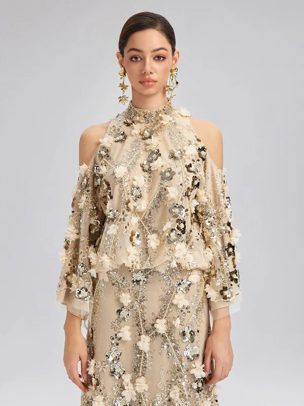 Sequin Floral Embroidery Cold-Shoulder Top sold by Rich Radi Q's