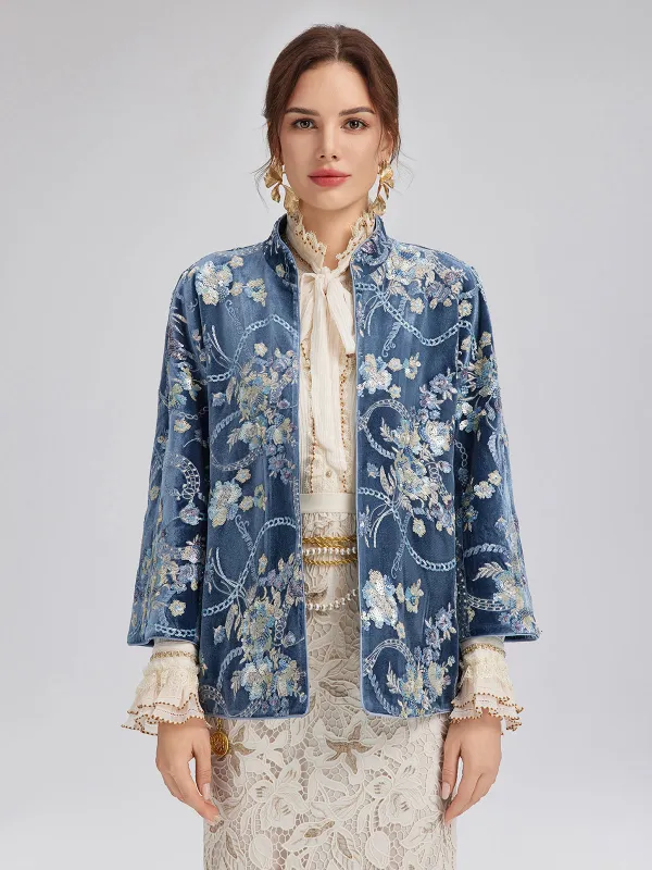 Floral Sequin Embroidered 3/4 Sleeve Velvet Jacket sold by Rich Radi Q's