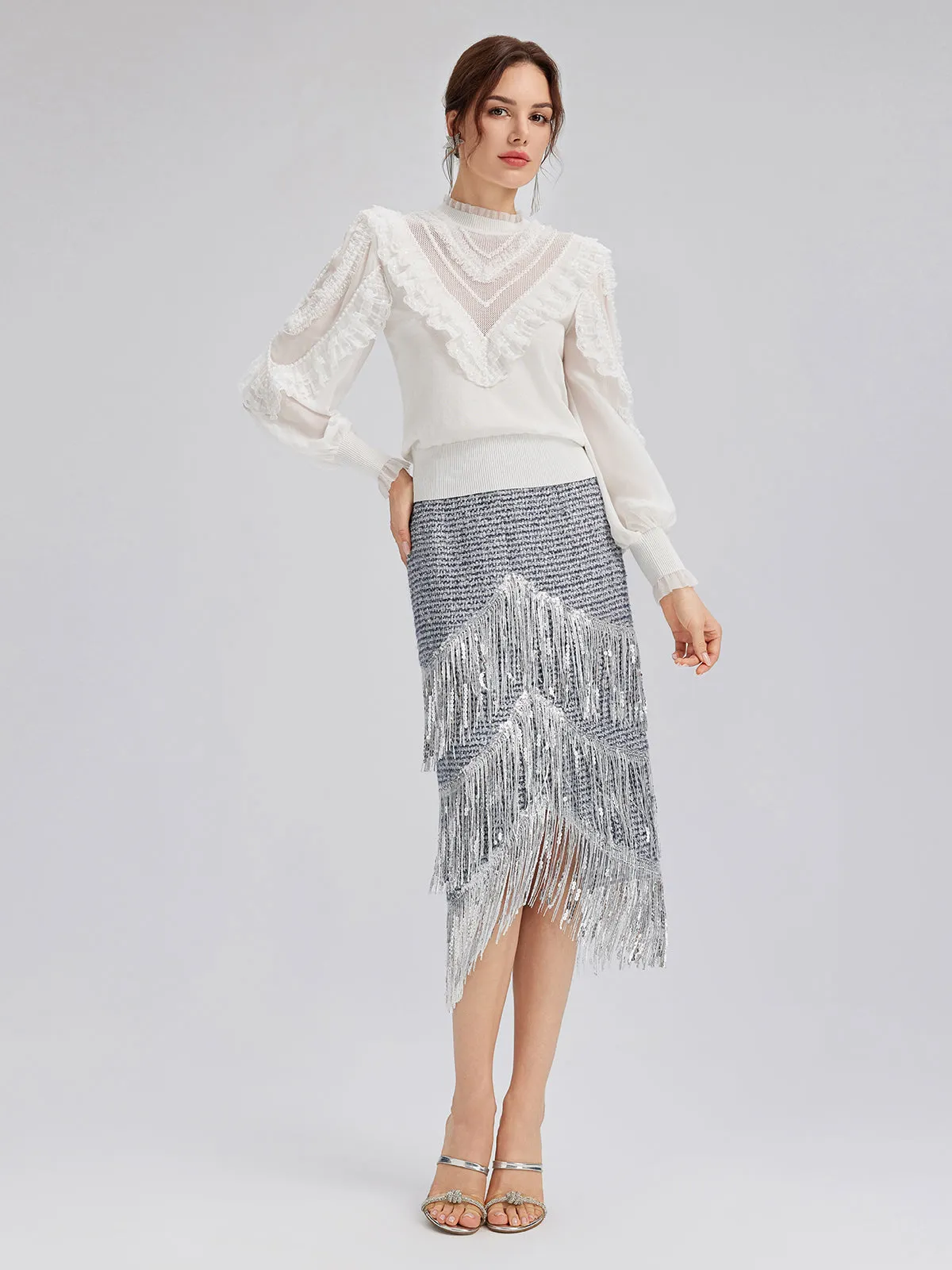 Silk-Sleeved Lace-Pearl Paneled Knit Blouse sold by Rich Radi Q's product image thumbnail 4