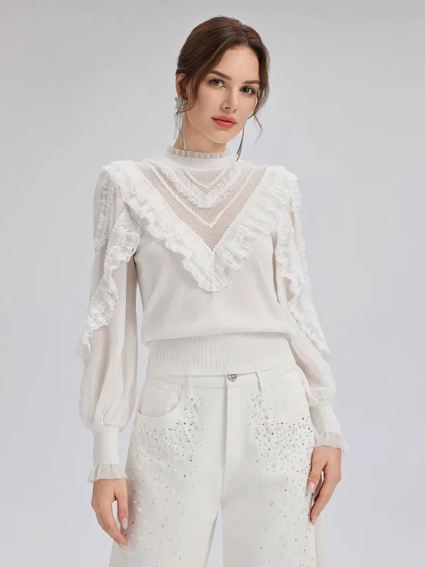 Silk-Sleeved Lace-Pearl Paneled Knit Blouse sold by Rich Radi Q's