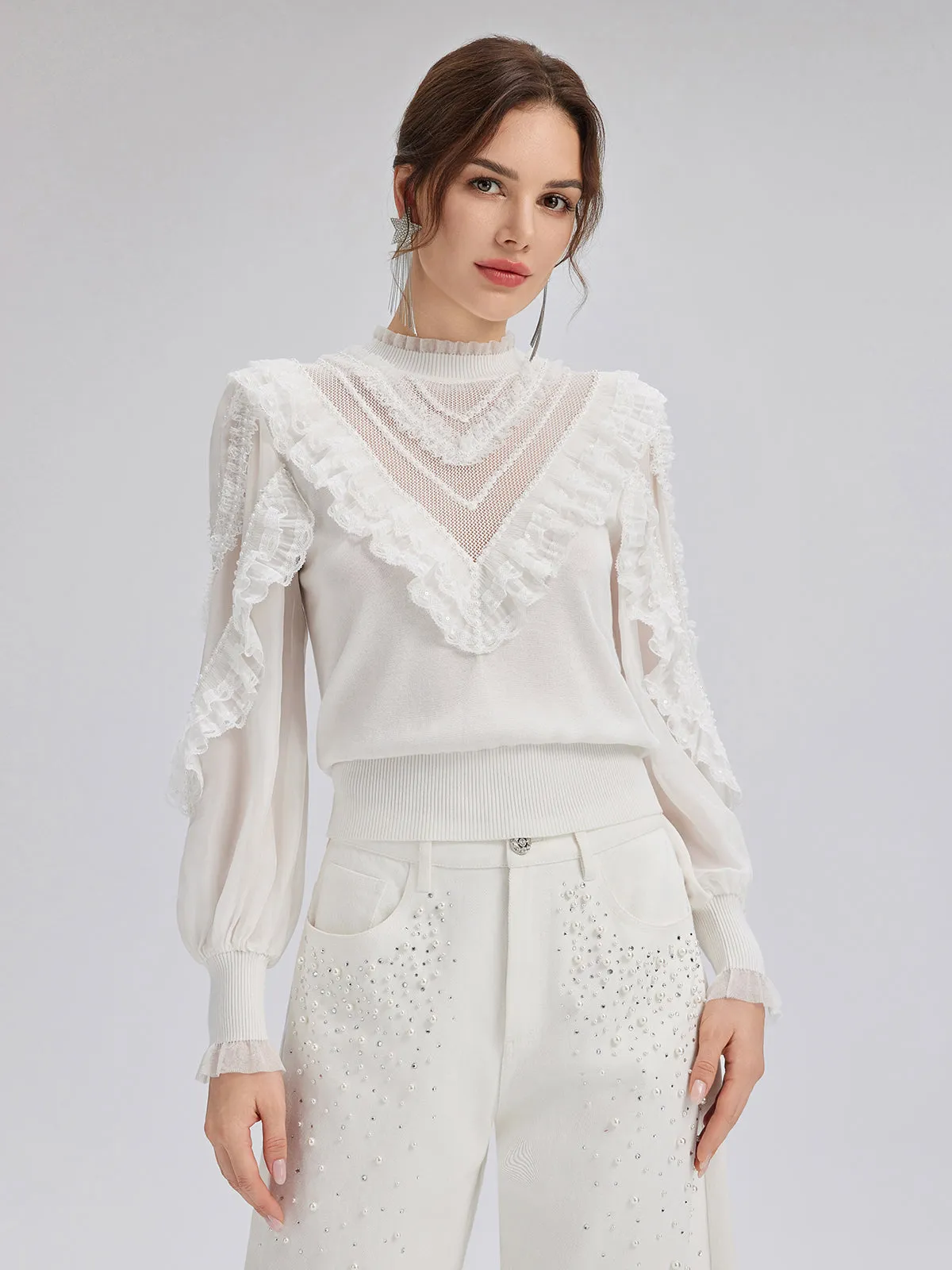 Silk-Sleeved Lace-Pearl Paneled Knit Blouse sold by Rich Radi Q's