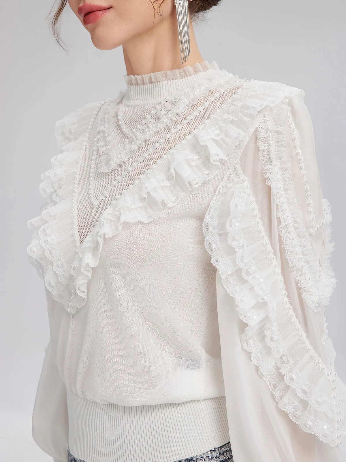 Silk-Sleeved Lace-Pearl Paneled Knit Blouse sold by Rich Radi Q's product image thumbnail 3
