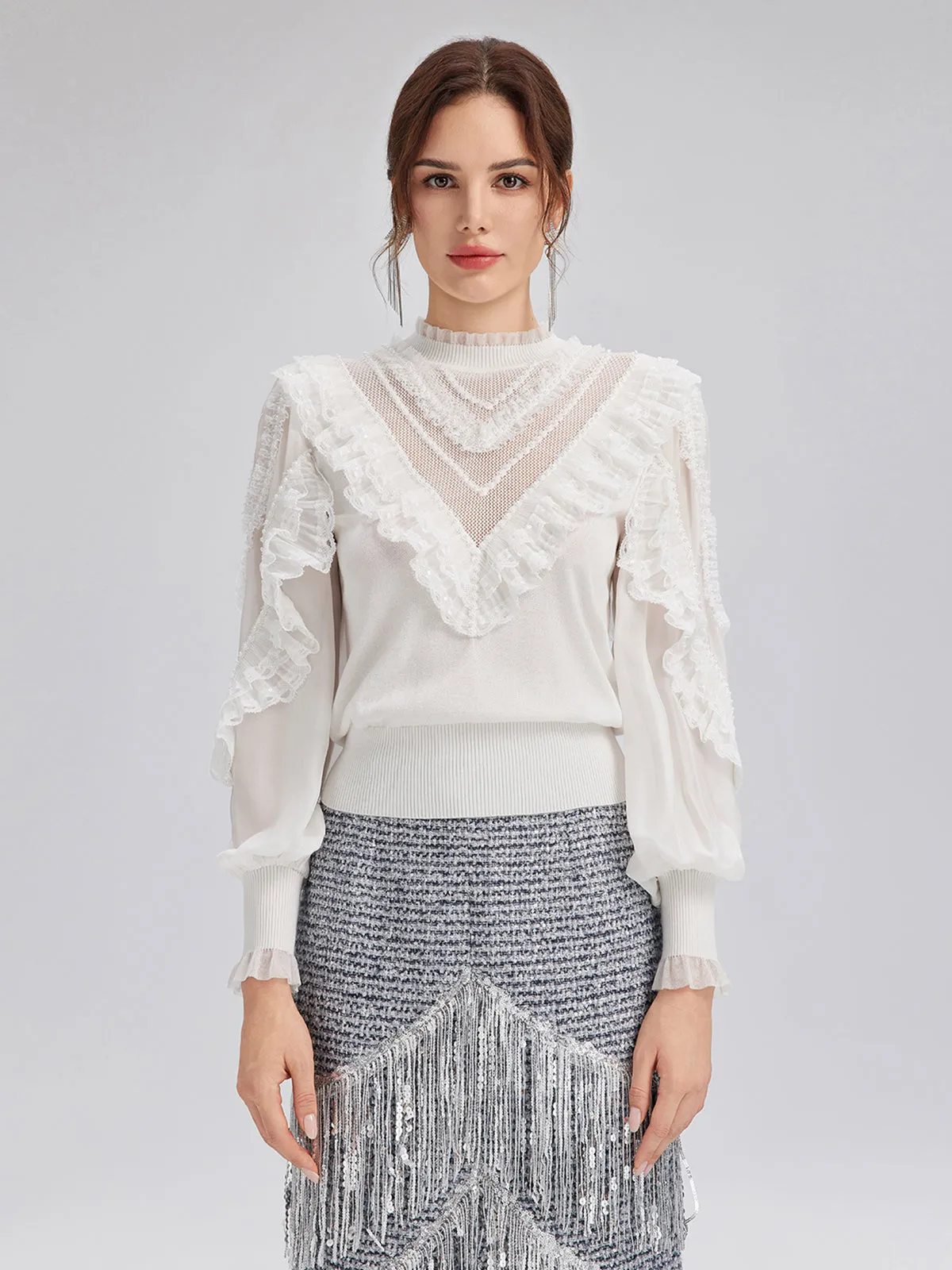 Silk-Sleeved Lace-Pearl Paneled Knit Blouse sold by Rich Radi Q's product image thumbnail 2