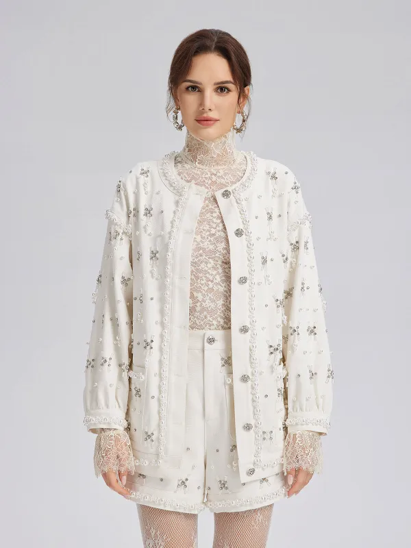 Hand-Beaded Pearl Ribbon Denim Jacket sold by Rich Radi Q's