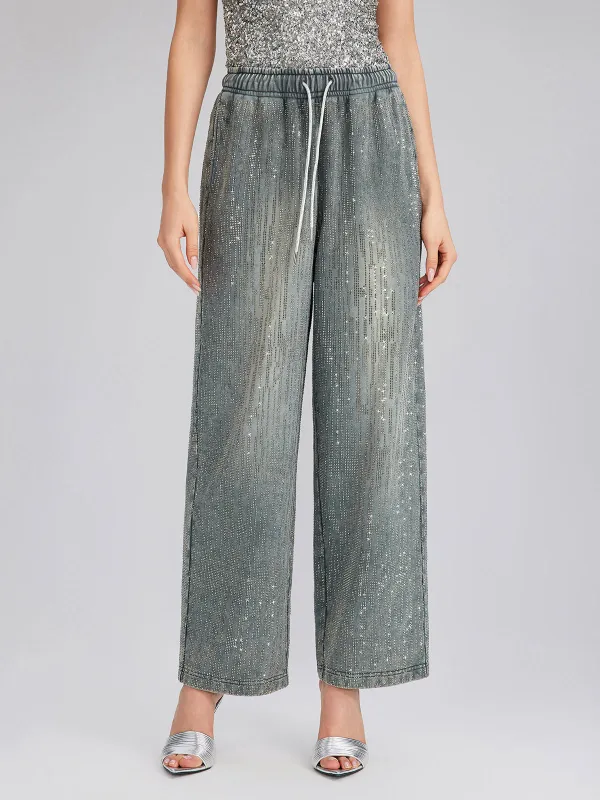 Denim-Inspired Rhinestones Embellished Sweatpants sold by Rich Radi Q's