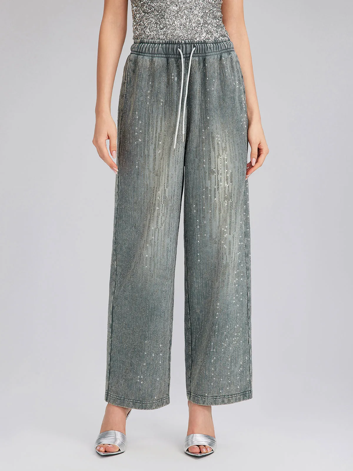 Denim-Inspired Rhinestones Embellished Sweatpants sold by Rich Radi Q's