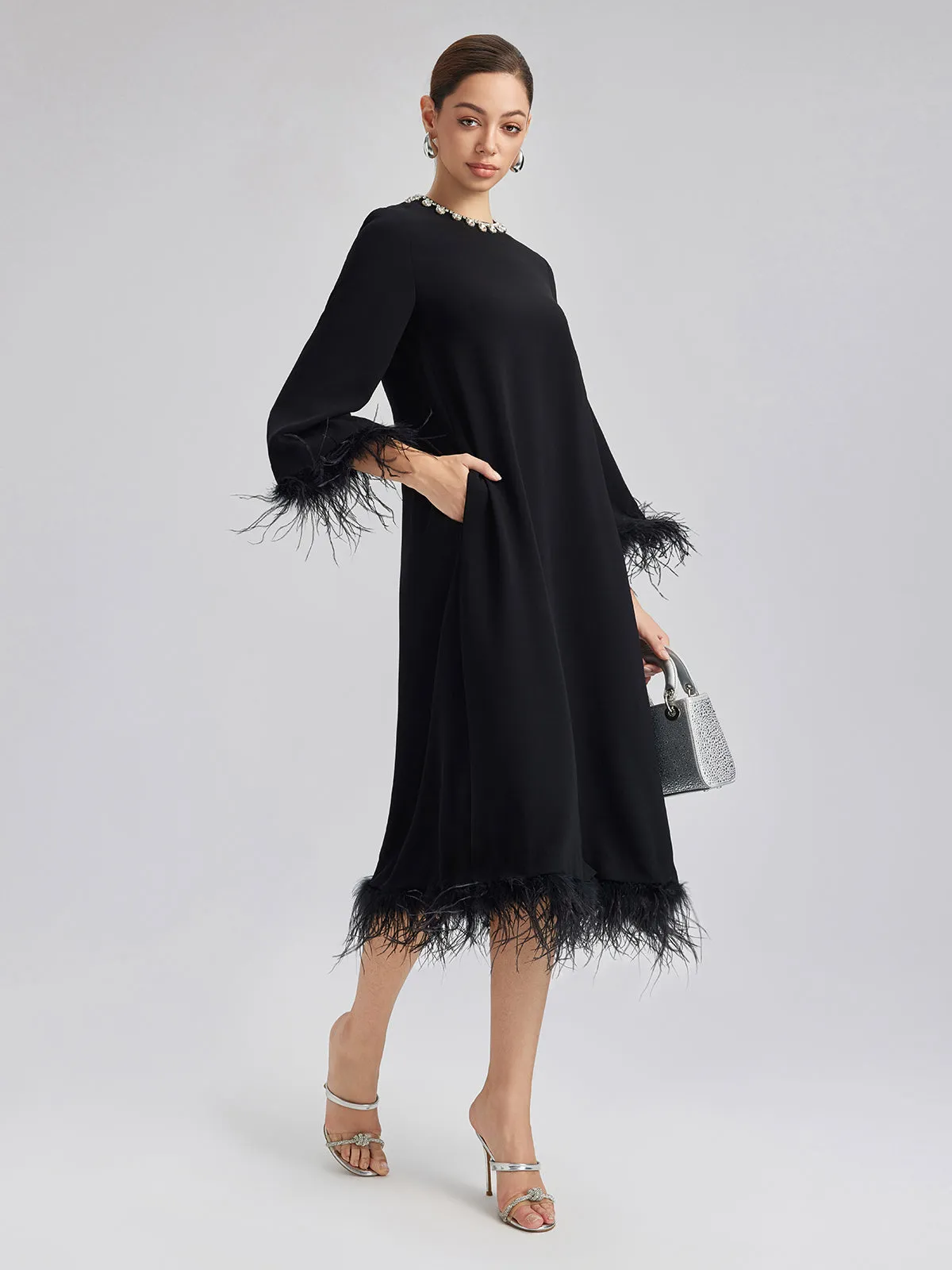 Luxurious Black Feather-Trimmed Dress sold by Rich Radi Q's product image thumbnail 2