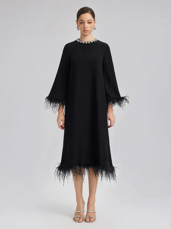 Luxurious Black Feather-Trimmed Dress made by Rich Radi Q's