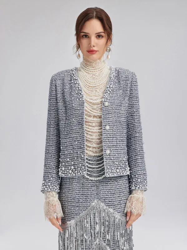French Hand-Beaded Pearl Tweed Jacket sold by Rich Radi Q's